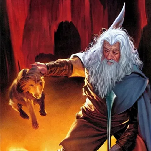 Prompt: comic book cover for'gandalf vs a puppy ', art by alex ross