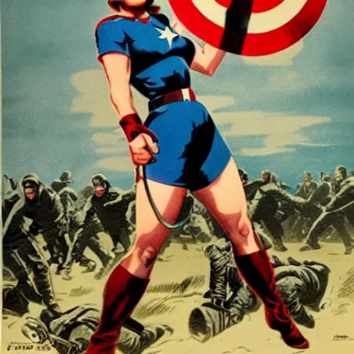 Image similar to female captain america. wwii american propaganda poster by james gurney