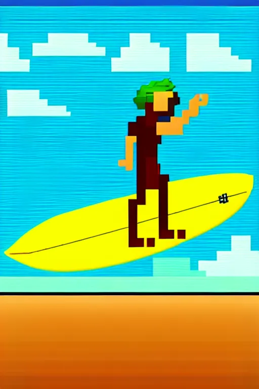 Image similar to a surfer on surfboard on a big wave. sun and sea. colorful. pixelart.