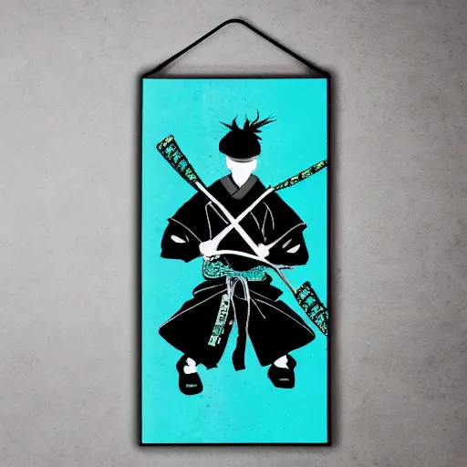 Prompt: samurai ninja random japanese words in the turquoise and black color as scarlxrd album cover