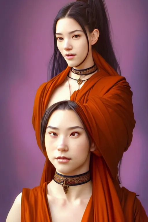 Image similar to a full body portrait of a gorgeous female monk, D&D, choker on neck, stylish dress, very long flowing hair, intricate, elegant, stylish, cute slightly nerdy smile, mouth slightly open, fantasy, highly detailed, digital painting, artstation, concept art, smooth, sharp focus, illustration, art by artgerm and greg rutkowski and alphonse mucha