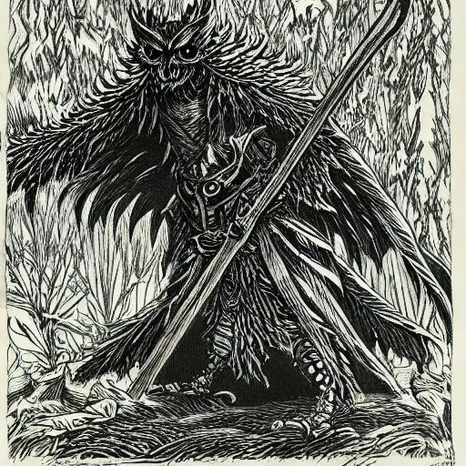 Image similar to Anthropomorphic black owl knight with yellow eyes, holding a large spear, shambling in a forest at night while twisting its head, full body shot, Intricate detail, in the style of Kentaro Miura,