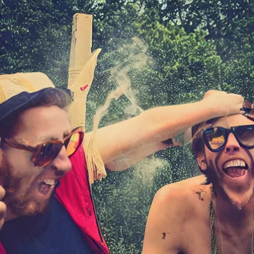 Prompt: two tall lenky guys getting very high on weed while smoking a joint at a festival