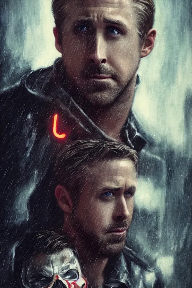 Image similar to Ryan Gosling As The Punisher, skull face makeup, head and shoulders portrait, stormy weather, extremely detailed masterpiece, oil on canvas, low-key neon lighting, artstation, Blade Runner 2049, Roger Deakin’s cinematography, by J. C. Leyendecker and Peter Paul Rubens and Edward Hopper and Michael Sowa