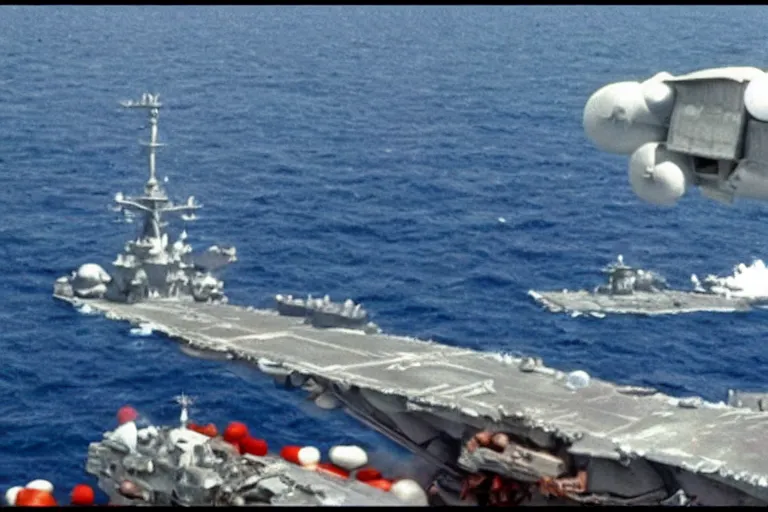 Image similar to uss nimitz tictac ufo incident by studio ghibli, middle of the ocean, tic tac ufo, warship