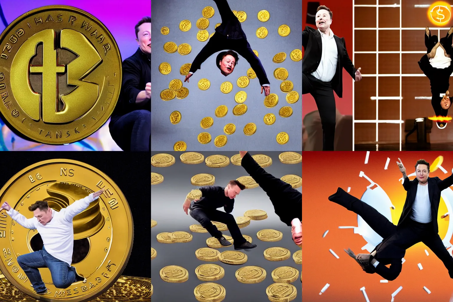 Prompt: Elon Musk breakdancing and doing a head spin while doge coins are falling out of his pocket