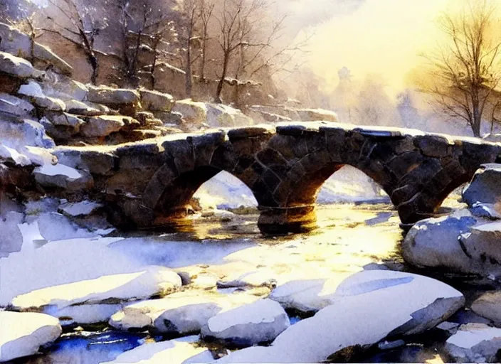 Prompt: watercolor of rustic stone bridge winter landscape, glistering, high detailed art by dennis miller bunker, work by anders zorn, wonderful masterpiece by greg rutkowski, beautiful cinematic light, american romanticism by greg manchess, creation by tyler edlin