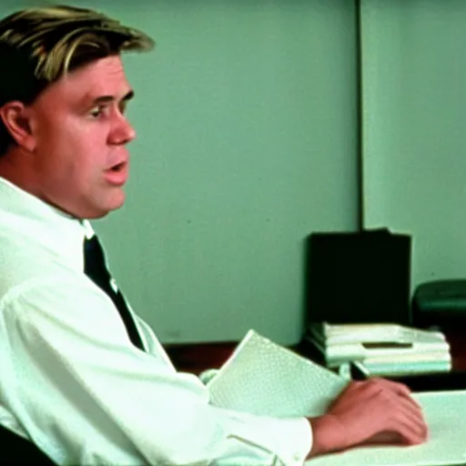 Prompt: clean - shaven chubby white man wearing a shirt and necktie sitting at a desk, 1 9 8 9 movie still, cinematography, cinematic lighting