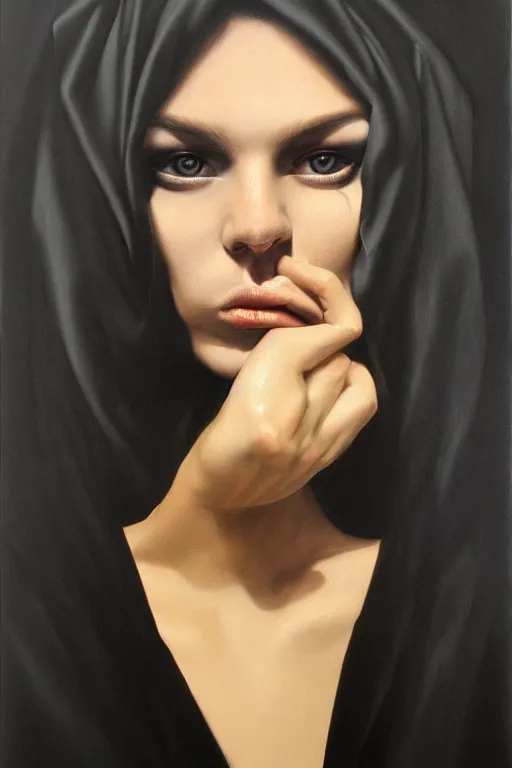 Prompt: hyperrealism oil painting, portrait, fashion model in black hood, complete darkness, black background, in style of classicism mixed with 8 0 s sci - fi