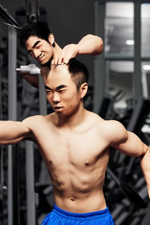 Prompt: Yasuo from League of Legends working out at the gym, photorealistic, highly detailed