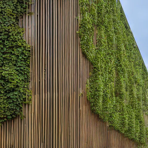 Prompt: exterior architectural photography of an office building architecture by Kengo Kuma, nature meets architecture, vines and plants, staircase, steel, glass and wood