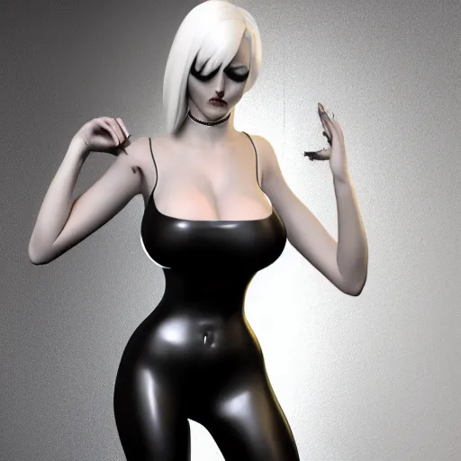 Image similar to feminine hot pale goth woman with tight curvy shiny outfit, photorealistic, sublime, relaxed posture, 16k, smooth, sharp focus, cgsociety, ArtStation, volumetric lighting