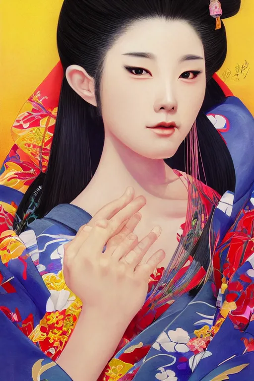 Image similar to a professional painting of a beautiful Japanese Geisha girl, in brightly colored kimono, long dark hair, beautiful bone structure, symmetrical facial features, intricate, elegant, digital painting, concept art, smooth, sharp focus, illustration, from StarCraft by Ruan Jia and Mandy Jurgens and Artgerm and William-Adolphe Bouguerea