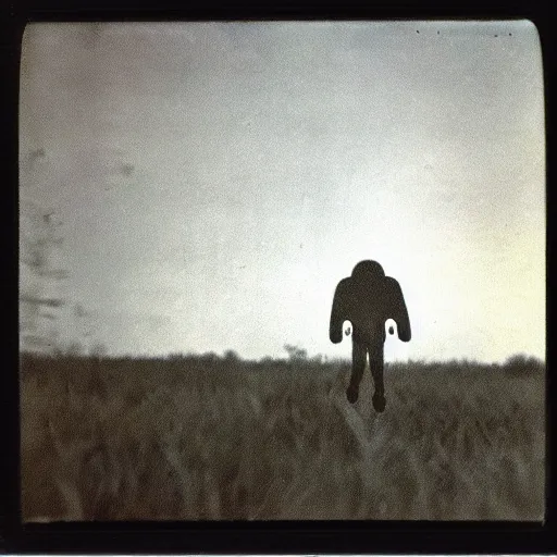 Prompt: old polaroid depicting a grey alien running away from the camera, at a clearing, at dusk