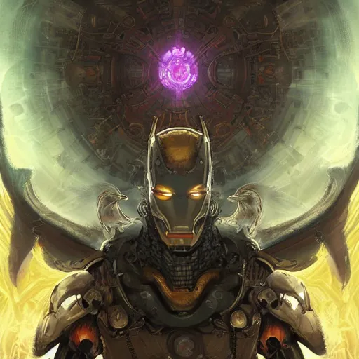 Prompt: A digital intricate illustration concept art of hybrid between baphomet wearing iron man suit inspired art by Renato muccillo and Andreas Rocha and Johanna Rupprecht + dofus colors, wakfu colors + symmetry + greco-roman art, intricate complexity, epic composition, magical atmosphere, highly detailed, cinematic lighting + masterpiece, trending on artstation + 8k