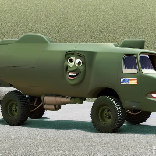 Image similar to HIMARS with eyes and smile, Cars Pixar movie style, detailed, green