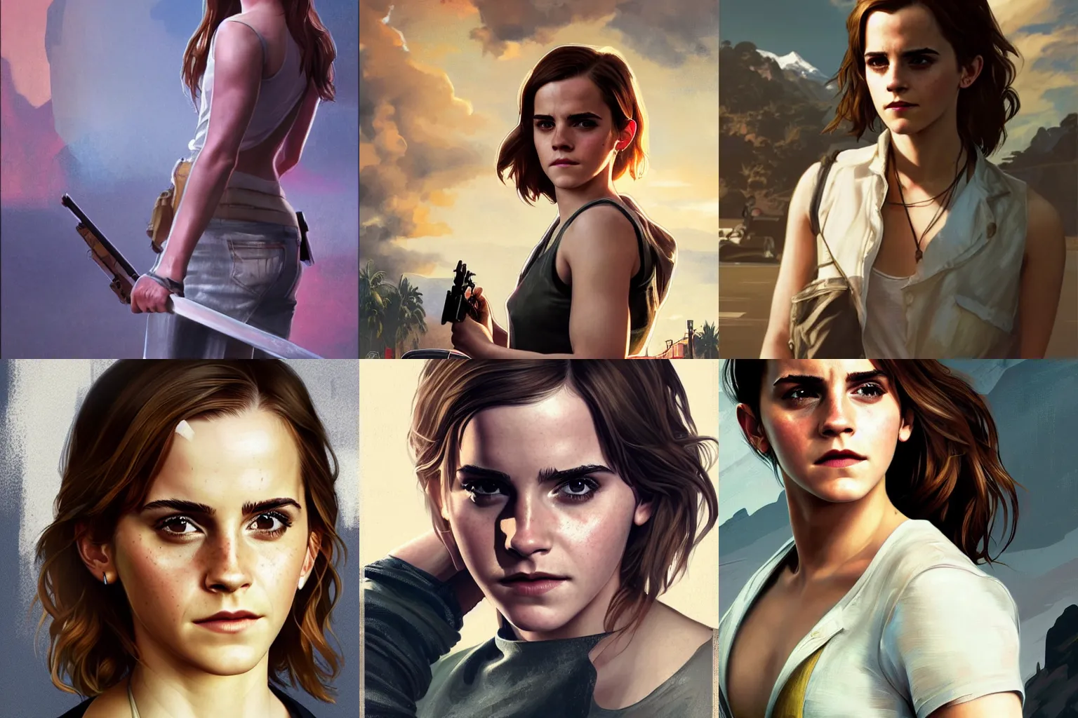 Prompt: Emma Watson as a Grand Theft Auto 5 loading screen, expressive face, beautiful, intricate, highly detailed, digital painting, artstation, oppressive lighting, sharp focus, concept art, illustration, art by anthony macbain + greg rutkowski + alphonse mucha