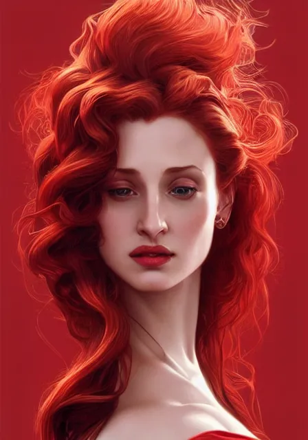 Prompt: sansa angeline jolie gessica chastain in red, intricate, elegant, highly detailed, digital painting, artstation, concept art, smooth, sharp focus, illustration, art by artgerm and greg rutkowski and alphonse mucha and william - adolphe bouguereau