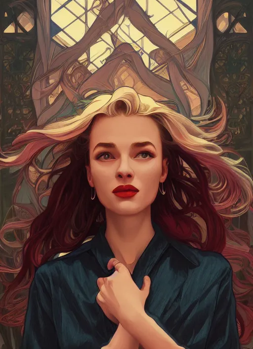 Prompt: veronica lake detailed clothing, half body shot, arms down, path traced, highly detailed, high quality, digital painting, alena aenami, lilia alvarado, shinji aramaki, karol bak, alphonse mucha, tom bagshaw