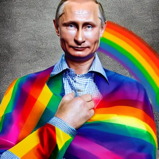 Prompt: Vladimir Putin wearing rainbow suit, Gay pride, rainbow flags, Professional Photography, Photorealistic