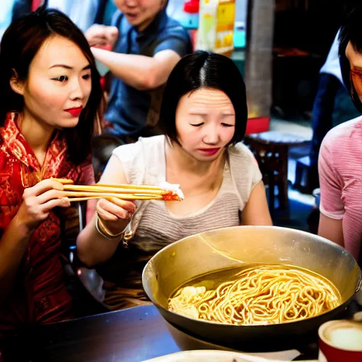 Image similar to chinese woman drinking beer and eating noodles with friends. shanghai. closeup