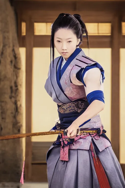 Image similar to highly detailed beautiful photo of a young female samurai, practising sword stances in a temple, symmetrical face, beautiful eyes, realistic anime art style, 8 k, award winning photo, pastels, action photography, 1 / 1 2 5 shutter speed, dramatic lighting