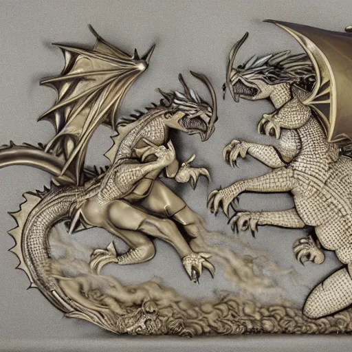 Image similar to bas relief fire-breathing dragon vs female knight with flowing hair