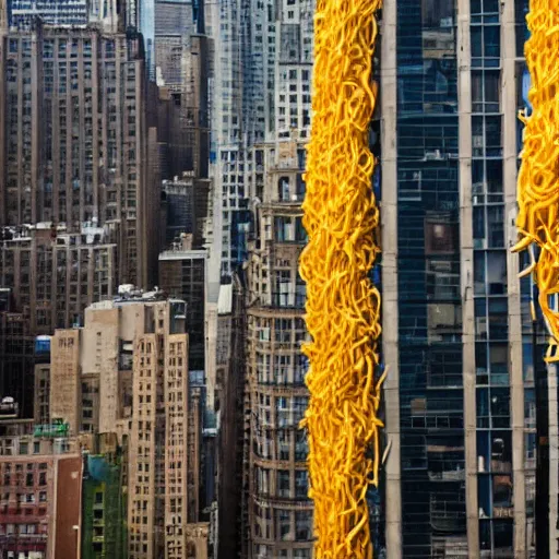 Prompt: New York City with the buildings made of macaroni noodles. Pasta sauce raining from the sky