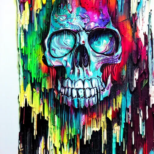 Image similar to drippy, dripping paint, skull, trippy, glitch, miyazaki style, exaggerated accents