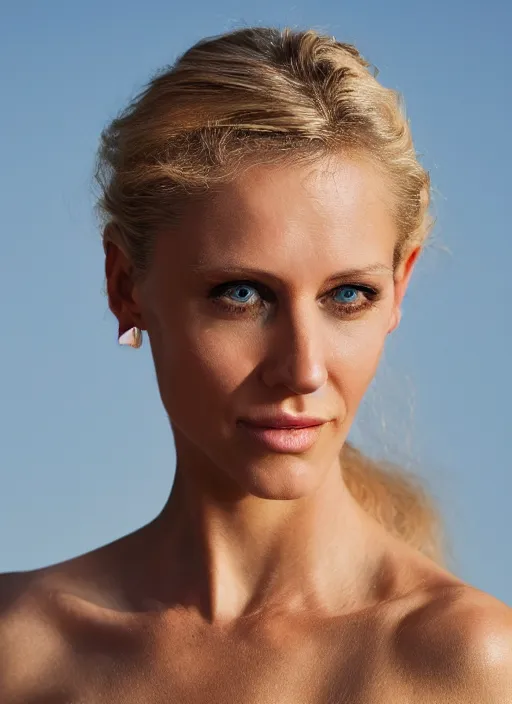 Prompt: color photograph of an olive skinned blonde female model in her early thirties, her hair pinned up, wearing a designer top, looking content, focused on her neck, facing the camera, photo realistic, extreme detail skin, natural beauty, no filter, slr, golden hour, 4 k, high definition, selfie