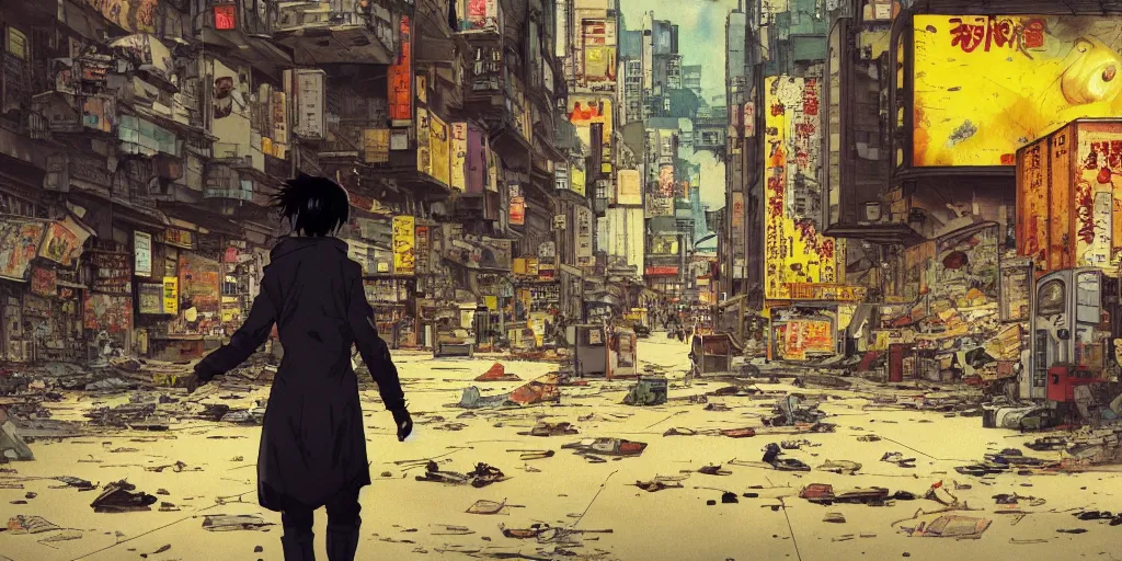 Prompt: incredible wide screenshot, ultrawide, simple watercolor, paper texture, katsuhiro otomo ghost in the shell movie scene, backlit distant shot of girl in a parka running from a giant robot invasion side view, yellow parasol in deserted dusty shinjuku junk town, broken vending machines, concrete wall, bold graffiti, old pawn shop