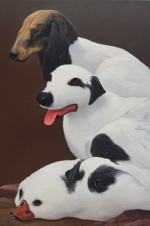 Image similar to painting of a cute white duck and a merle border collie