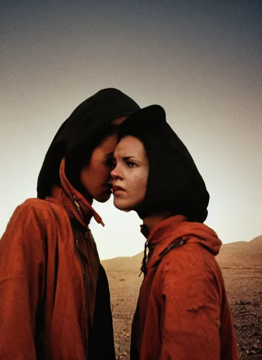 Image similar to cinestill 5 0 d photographic portrait by steve mccurry of two loving female androids wearing rugged black techwear on a desolate plain with a red sky in front of a brutalist structure, extreme closeup, cyberpunk style, dust storm, 8 k, hd, high resolution, 3 5 mm, f / 3 2, ultra realistic faces, ex machina