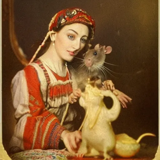 Prompt: a rat sitting on the head of a beautiful Slavic woman. a colorful movie still photograph. long shot, micro-details.