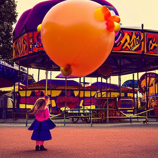 Image similar to a girl holding a balloon at a fairground. buildings with graffiti. dusk. photograph in the style of simon stalenhag