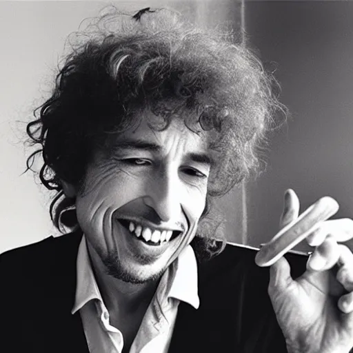 Prompt: bob dylan eating worms, grinning like a child, photograph