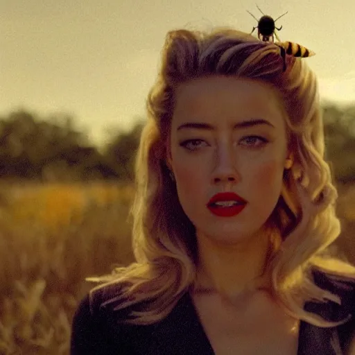 Image similar to ' amber heard'stepping on a tiny bee, cinematic scene, clean composition, 8 mm focused, award winning photography