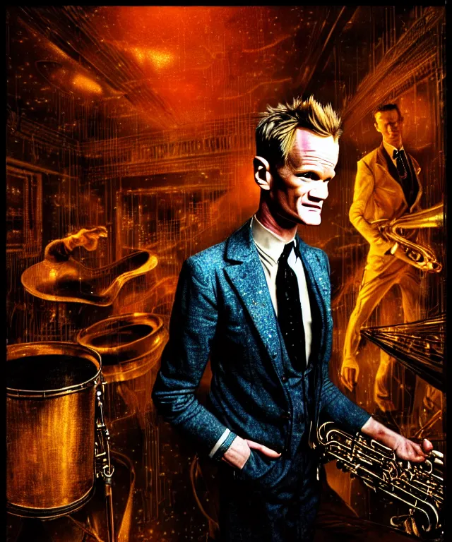 Image similar to hyperrealistic mixed media painting of Neil Patrick Harris as a jazz musician, dimly lit 1920s speakeasy, stunning 3d render inspired art by P. Craig Russell and Barry Windsor-Smith + perfect facial symmetry + dim volumetric lighting, 8k octane beautifully detailed render, post-processing, extremely hyperdetailed, intricate, epic composition, grim yet sparkling atmosphere, cinematic lighting + masterpiece, trending on artstation, very very detailed, masterpiece, stunning