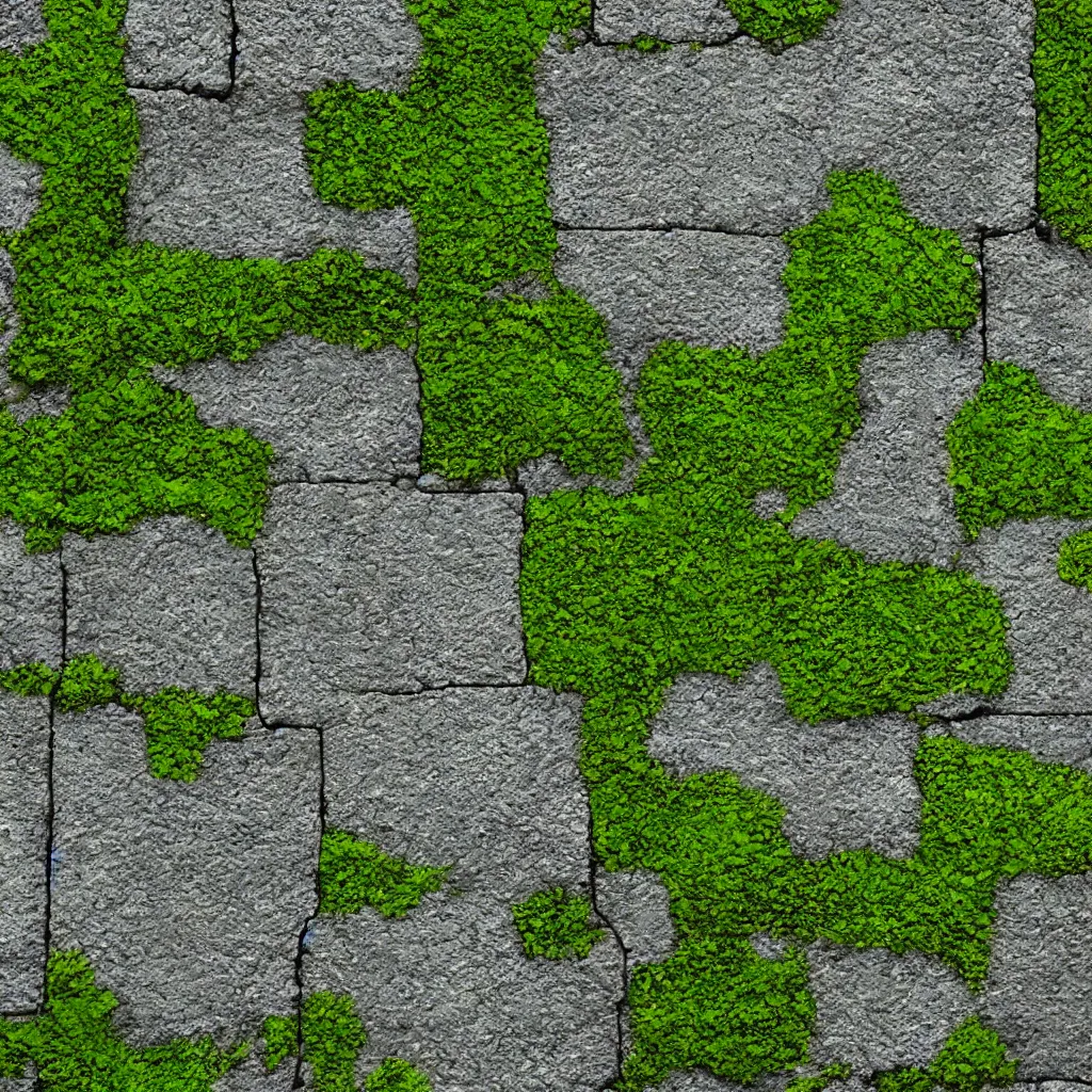 Prompt: videogame tileable texture of aged concrete with small green moss growing in the cracks.