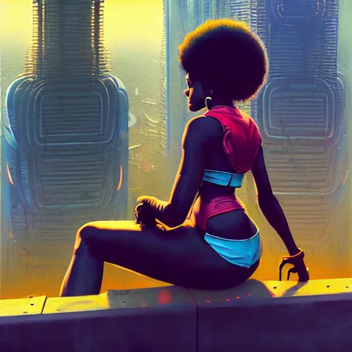 Prompt: a black girl with afro puffs sitting on top of a skyscraper in the cyberpunk city, by greg rutkowski and android jones, oil on canvas, vibrant color scheme 8k