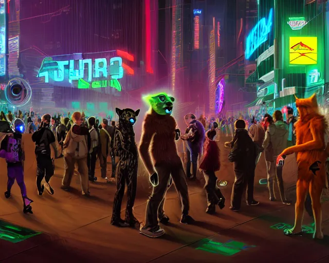 Image similar to high - resolution photograph from a cyberpunk era furry fandom convention ( midwest furfest 2 0 4 7 ), taking place after the genetic revolution and singularity. photorealistic.