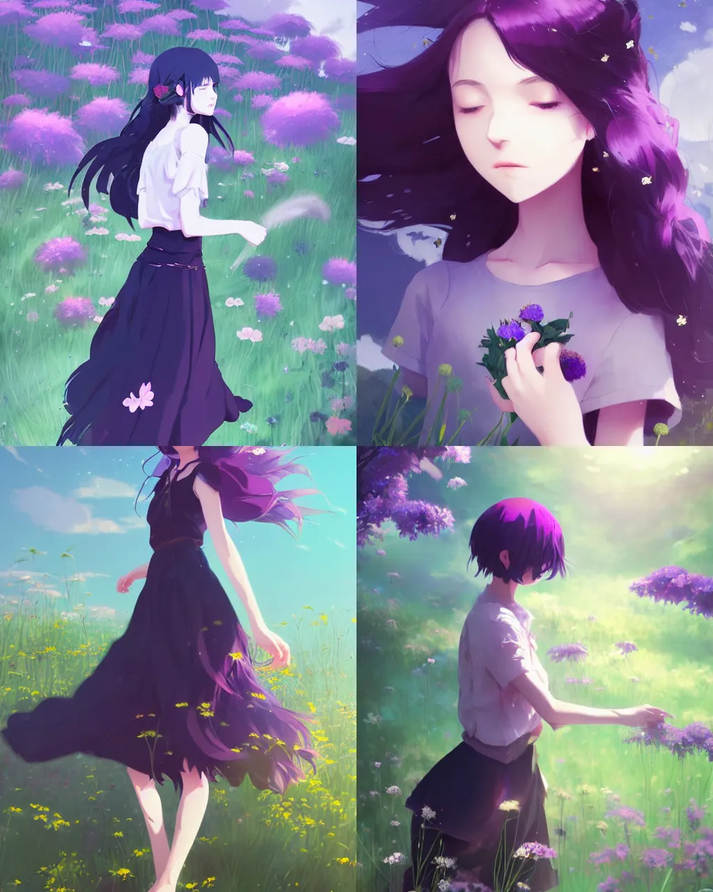 Prompt: girl with purple hair and black skirt, there are many flowers around, a beautiful half - length photo, illustration,, top lighting, perfect shadow, soft painting, art by hidari and makoto shinkai and wenjun lin