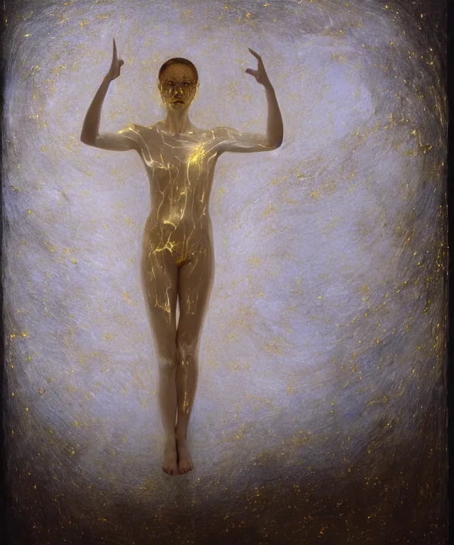 Image similar to Beautiful full-body wax sculpture of glowing transparent woman with visible gold bones covered with melted white wax inside the singularity where stars becoming baroque folds of dark matter by Michelangelo da Caravaggio, Nicola Samori, William Blake, Alex Grey and Beksinski, dramatic volumetric lighting, highly detailed oil painting, 8k, masterpiece