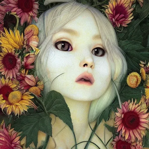 Image similar to white cat girl, botanical, sunflower, portrait face, colorful, frantisek kupka, intricate, miles johnston, kuroda seiki, cynical realism, ozabu, john william godward, painterly, yoshitaka amano, moebius, miles johnston, louise zhang, james jean, mark ryden lowbrow pop surrealism art style