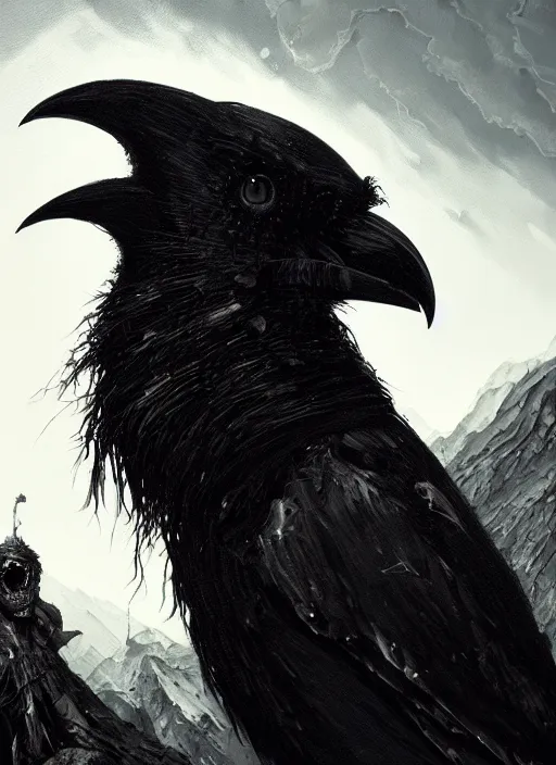 Image similar to close up portrait of a zombie crow in the mountains of hell, oil painting by tomasz jedruszek, cinematic lighting, pen and ink, intricate line, hd, 4 k, million of likes, trending on artstation