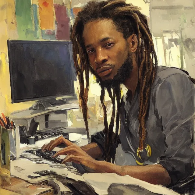 Image similar to a jamaican male with medium length locs, holding a sony camera, sitting at a computer desk, portrait, elegant, intricate, digital painting, artstation, concept art, smooth, sharp focus, illustration, art by konstantin korovin and daniel f. gerhartz and john howe