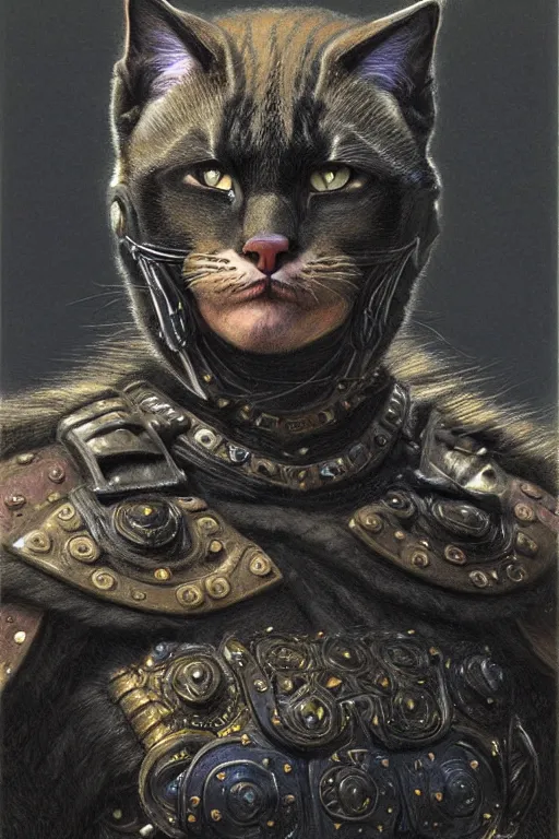 Prompt: head and shoulders portrait of a warrior, tabaxi, black cat, male, breastplate, magical, high fantasy, d & d, by donato giancola, face details, extremely detailed, digital illustration