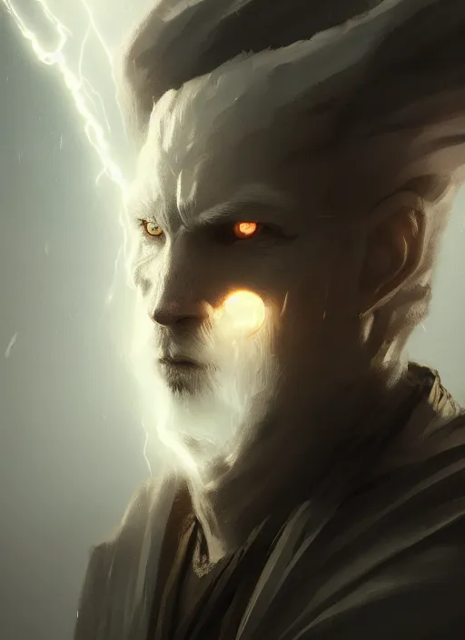 Image similar to long-shot portrait of a pale wise man who created the universe, wolf god. In style of Hyung-tae Kim and Greg Rutkowski, concept art, trending on ArtStation, over-detailed art, 8K, epic, dynamic lightning, dramatic pose.