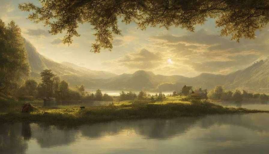 Image similar to portrait of a vast lake with a village surrounded by woodland, highly detailed, sunny, blue sky, cinematic lighting, highly angle, godrays, volumetric, photorealistic, digital art painting by greg rutkowski