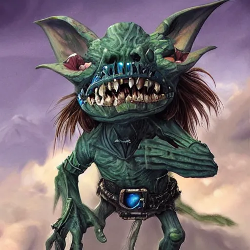 Image similar to a highly detailed goblin with grey skin and blue eyes that glow, like magic the gathering, goblin chainwalker, with wind wiping around it, digital art, by christopher rush